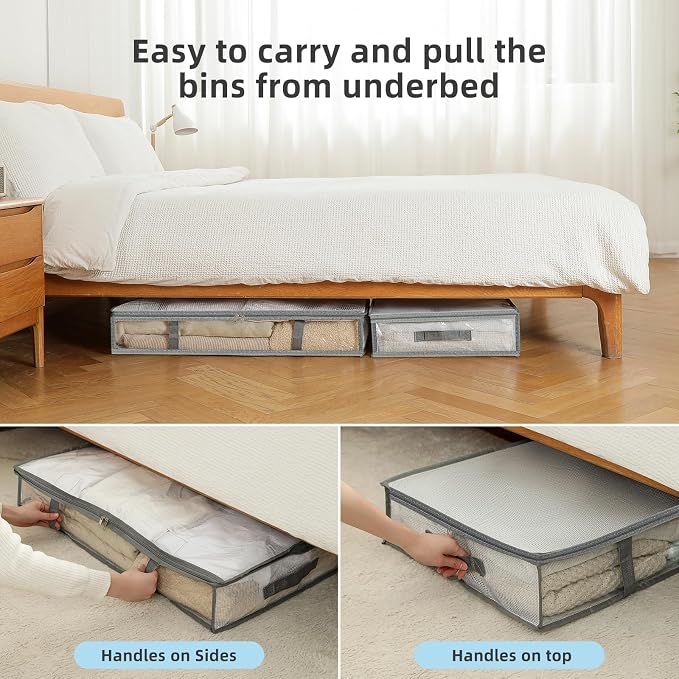 3 Pack Under Bed Storage Bags, Humid-proof Material Plastic Underbed Storage Containers, Blanket/Clothes Storage Bins with Lid, Closet/Bedding Comforter/Sheet Storage and Organizer