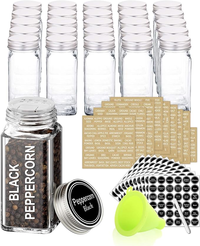 SWOMMOLY 25 Pcs Glass Spice Jars with Labels, 4oz Spice Bottles with Lids | Empty Square Spice Containers with Pour/sift Shaker Lid, Airtight Cap, 703 Spice Labels, Chalk Marker and Funnel.