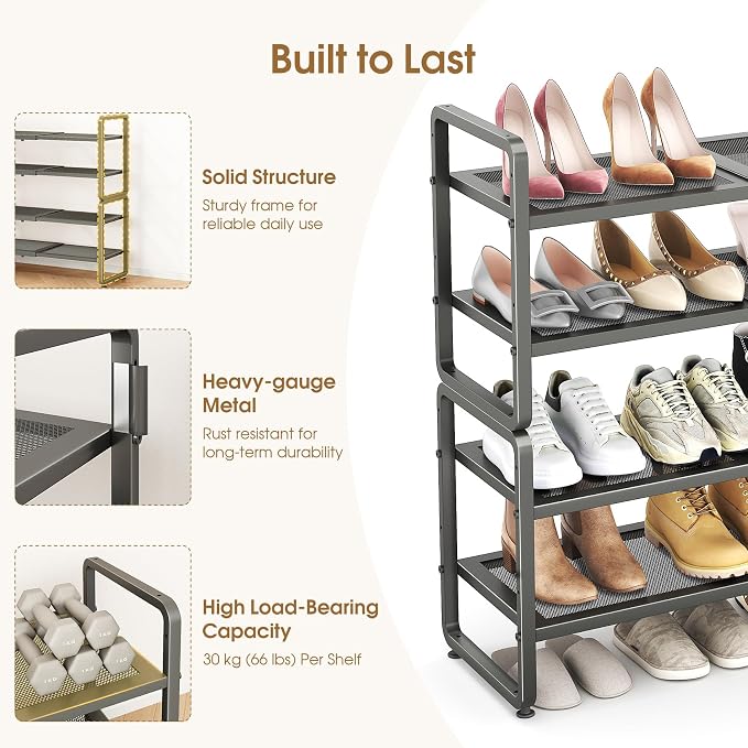 SAYZH Expandable Shoe Rack for Closet, Adjustable Metal Shoe Organizer with Sturdy Mesh Shelves for Boots & Heels, Stackable Shoe Storage for Entryway, Garage, Small Spaces (Grey, 4-Tier)