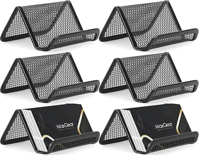 MaxGear Mesh Business Card Holder 6 Pack | Black Metal Mesh Business Card Stand for Desk, Holds up 50 Cards, Durable Mesh Display Organizer for Office Desk, Reception
