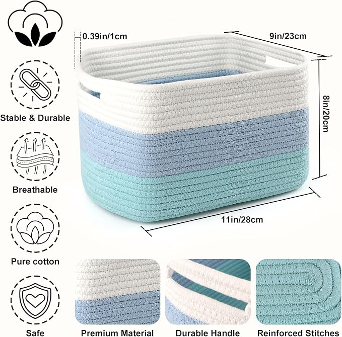 4 Pack Storage Baskets for Organizing, 11''Lx9''Wx8''H Woven Baskets for Storage Toys, Towels, Books, and Clothes, Cotton Rope Basket for Shelves with Handle White & Brown