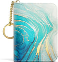 Aiawoxc Credit Card Holder for Women, Small RFID Wallet Slim Leather Card Organizer Case with Zipper and Keychain, Cyan Marble
