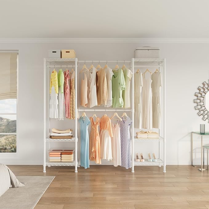 Higeego H10 Expandable Clothes Rack Clothing Rack for Hanging Clothes, Heavy Duty Garment Rack, Freestanding Wardrobe Closet Organizer with Hanger Rods, Extendable from 4.6 to 5.1 ft, White