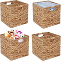 11x11in Storage Baskets 4 Pcs Square Baskets for Cube Shelf,Foldable Handwoven Water Hyacinth Storage Bins for Laundry Organizer