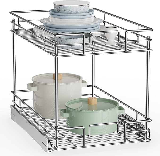 ROOMTEC New Version Pull Out Cabinet Organizer for Base Cabinet (14" W X 21" D), Kitchen Cabinet Organizer and Storage 2-Tier Cabinet Pull Out Shelves Under Cabinet Storage for Kitchen Silver,Chrome