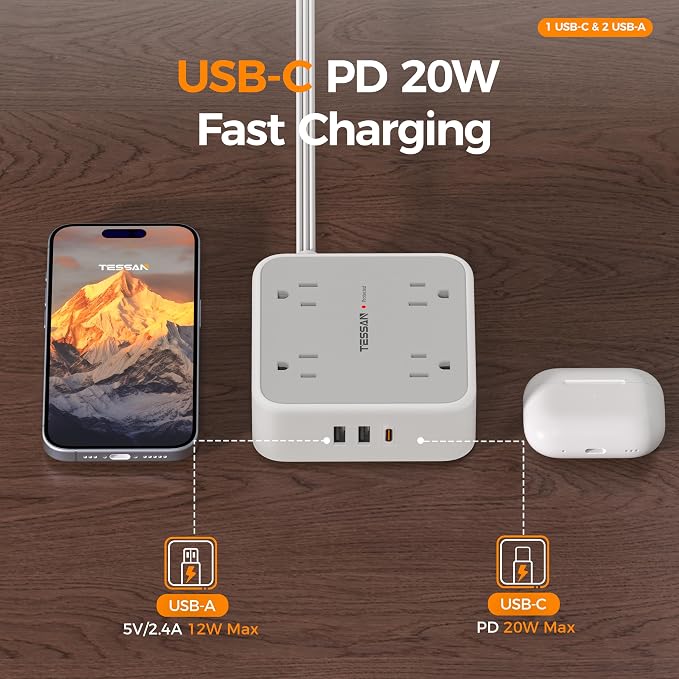 TESSAN Surge Protector Power Strip, 25 Ft Flat Plug Extension Cord with 3 USB (1 USB C 20W PD) 8 Outlets, 900J Protection, 3 Sided Outlet Extender with Power Switch for Office, Dorm Room, Grey