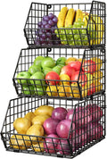 3-Tier Stackable Wire Baskets for Counter, Fruit and Vegetable Storage, Potato and Onion Storage Bin，Kitchen Pantry Organizer - Wall Basket for Produce/Snack/Can, Black