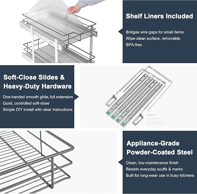 2 Tier Pull Out Cabinet Organizer - 8" W x 22" D Soft Close Slide Out Shelves with Shelf Liners - Pullout Drawers for Kitchen Cabinets, Pantry, Bathroom, Heavy Duty Steel Wire Baskets