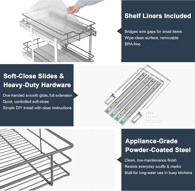 2 Tier Pull Out Cabinet Organizer - 14" W x 22" D Soft Close Slide Out Shelves with Shelf Liners - Pullout Drawers for Kitchen Cabinets, Pantry, Bathroom, Heavy Duty Steel Wire Baskets