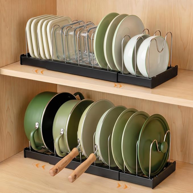 2 Pack Expandable Pot Lid Organizers with 10 Adjustable Dividers | 12.6-22.4 Inch Pots and Pans Organizer Rack Under Cabinet, Countertop, Pan Lids, Bakeware, Food Container Lids, Black