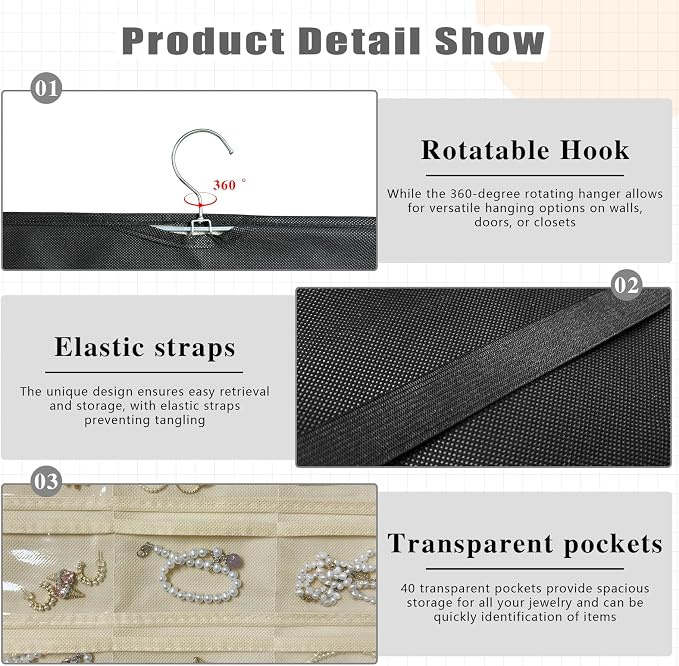 Hanging Jewelry Organizer for Necklaces Earrings, 1-Pack, Black and Beige | Foldable Double-Sided 36 hooks & 40 clear pockets; swivel hook fits walls, doors & rods for earrings, bracelets, rings