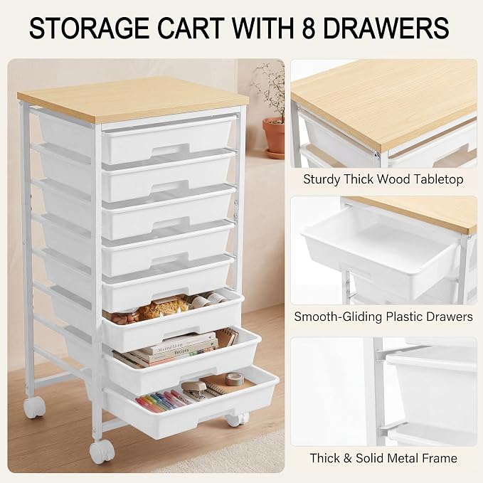 Rolling Cart with 8 Drawers, Rolling Storage Cart with Wooden Tabletop and Lockable Wheels, Craft Storage Cart for Living Room, Office, Classroom, Craft Room, Bedroom, Craft Organization and Storage