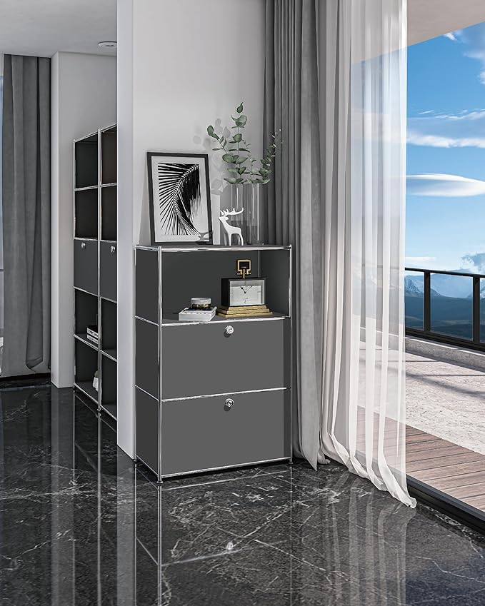 Metal Shelf with 2 Flap Doors, Large Capacity Cabinet,DIY Modern Home Furnishing,Perfect for Home, Office, Kitchen, Hallway,Foyer (Grey)