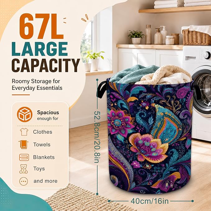 Mandala Paisley Flower Laundry Basket with Handles,Vintage Boho Foldable Oxford Laundry Hamper,Collapsible Clothes Storage Basket for Laundry Room/Bathroom/Bedroom/Dormitories 20.8 x 16 Inches