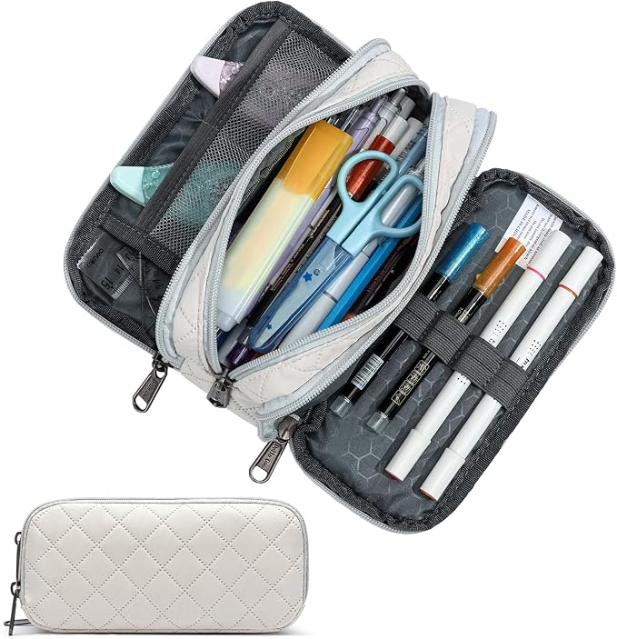 Della Gao Large Pencil Case, Big Capacity Pencil Pouch with 3 Compartments, Office Pencil Bag with Zipper, Big Pen Case for Adults (01-3Beige)