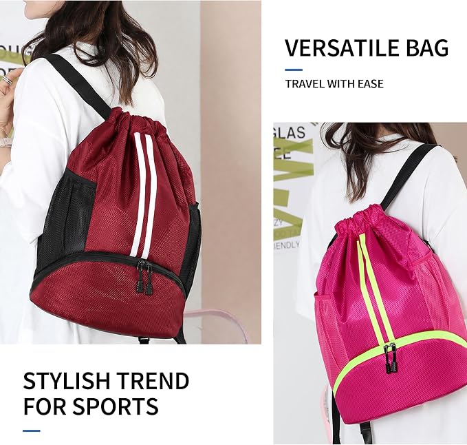 JELUTAR Drawstring Backpack Gym Bag with Shoes Compartment, Burgundy | Water-Resistant String Backpack for Soccer, Basketball, Swim, Beach Cinch for Women Men,18 L Large Capacity, Wet Pocket