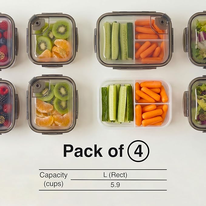 BPA-Free Plastic Airtight Food Storage Containers with Vented Lids, 4-Pack (5.9 Cups Each) for Meal Prep and Leftovers