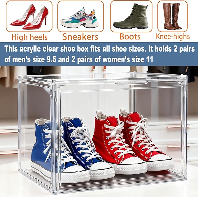 3 Pack XXX-Large Tall Boot Storage Organizer 17.3x13x13, Acrylic Display Case Shoe Boxes Extra Large Helmet Showcase Clear Stackable Hangbag Tote Bag with Magnetic Lid, 3 Pack Boxes with 2 Shoe Bags