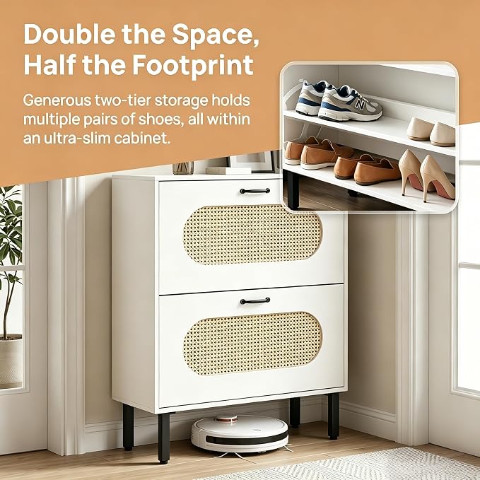 SUNCROWN 2 Flip Drawers Shoe Storage Cabinet, Freestanding Narrow Entryway Organizer, Natural Semi-Circular Rattan Doors, Adjustable Shelves & Anti-Tip Kit, White