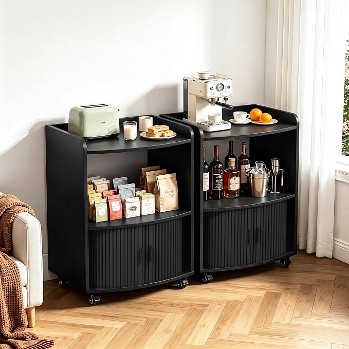 Bifins Coffee Bar Cart for Home, 3 Tier Rolling Serving Carts with Wheels | Coffee Cart with Removable Metal Brackets and Sliding Doors,Mobile Liquor Sideboard Cabinet for Home Bar, Kitchen