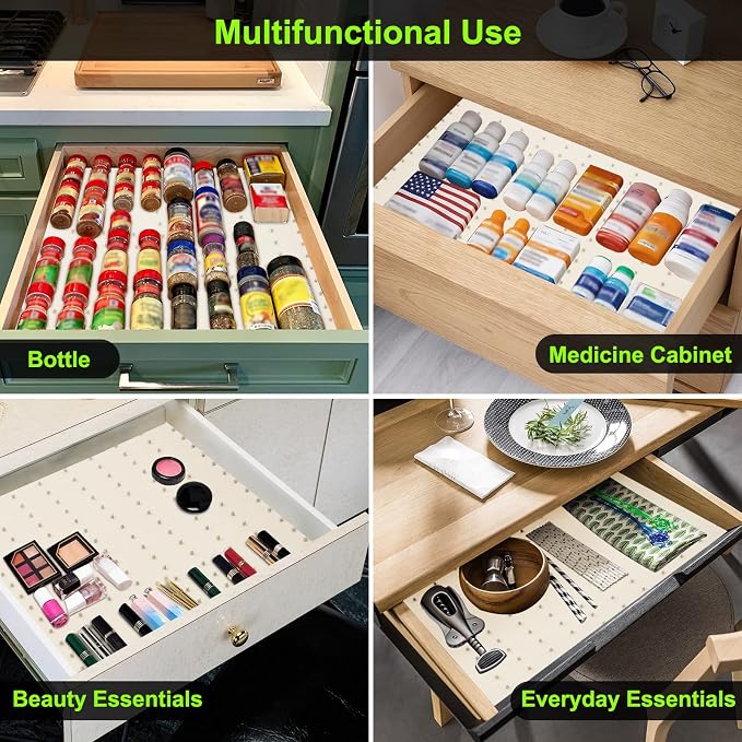 Gosmol Spice Drawer Organizer Insert - Spice Drawer Liner 2 Pack Pearl | Adjustable non-slip silicone liner; in-drawer spice organizer for seasoning jars, spice bottles, flat spice rack for drawer