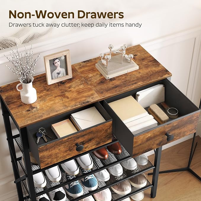 YATINEY 5 Tier Shoe Rack, Large Capacity Shoe Storage Organizer, Metal Shoe Shelf with Drawer and Wooden Top, for 20 Pairs of Shoes, for Entryway, Closet, Rustic Brown and Black SS25BRY1N1