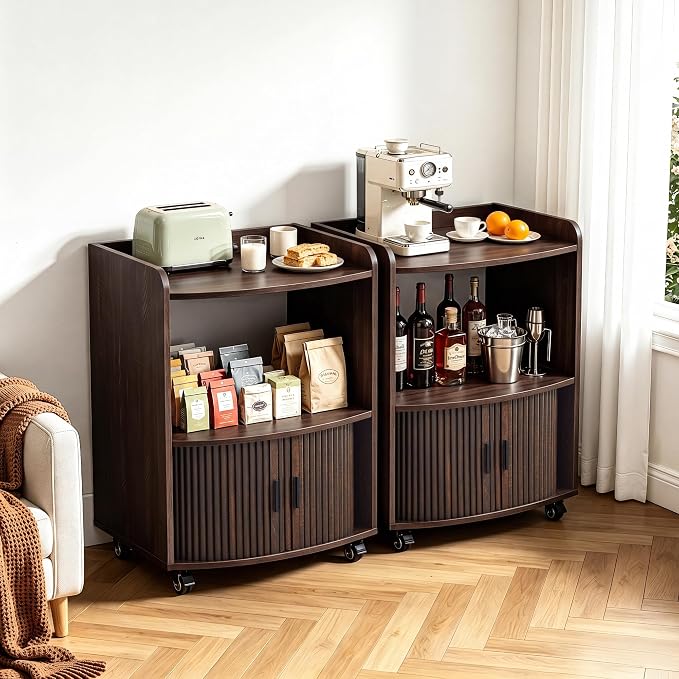 Bifins Coffee Bar Cart for Home, 3 Tier Rolling Serving Carts with Wheels | Coffee Cart with Removable Metal Brackets and Sliding Doors,Mobile Liquor Sideboard Cabinet for Home Bar, Kitchen