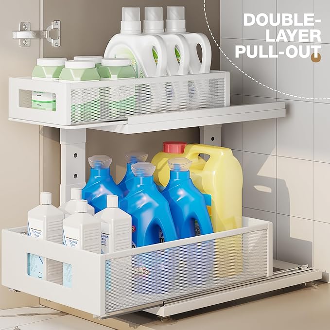 1 Pack Under Sink Organizer with Next-Gen Ball-Bearing Slides,2-Tier Pull Out Cabinet Storage,Height Adjustable Drawer Shelf for Bathroom,Kitchen,Laundry,Cabinet,Pantry-White