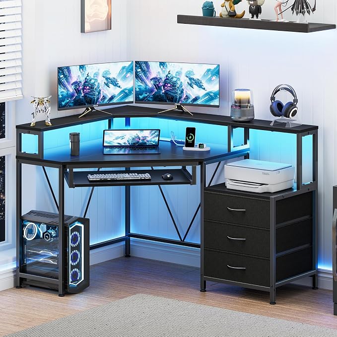 47" Corner Desk with Drawers, Power Outlets ＆ Printer Shelf for Small Space | Small Computer Desk with Monitor Stand, Triangle Gaming Desk with LED Lights and Keyboard Tray, Black