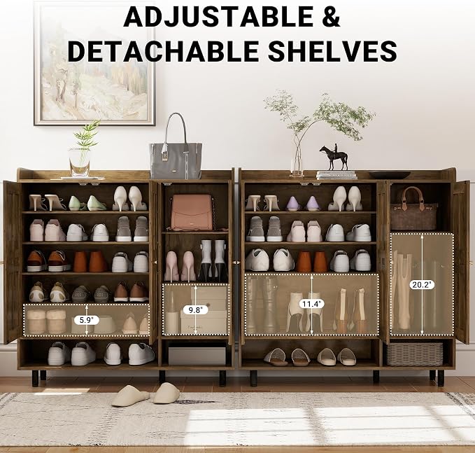 Shoe Cabinet with 3 Doors and Adjustable Shelves, Large Shoe Storage Cabinet for 24–30 Pairs, Modern Farmhouse Shoe Organizer with Open Bottom Shelf for Entryway, Living Room, Rustic Brown