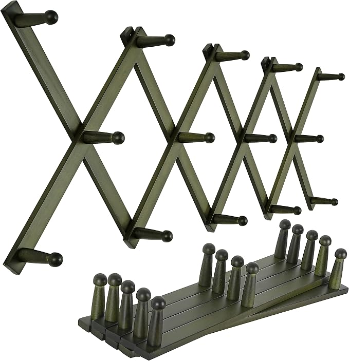 SKOLOO Hat Rack for Wall with 14 Hooks, Pack of 2, Solid Wooden, Modern, Expandable Coat Rack Wall Mount for Coats, Hats, Bags, Baseball Caps, Dark Walnut Color