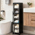 3-Tier Narrow Slim Bathroom Storage Cabinet with Wheels, Black | Tool Free Assembly, Adjustable Shelves, Fits for Narrow Spaces, Reinforced Stability, Magnetic Clear Door
