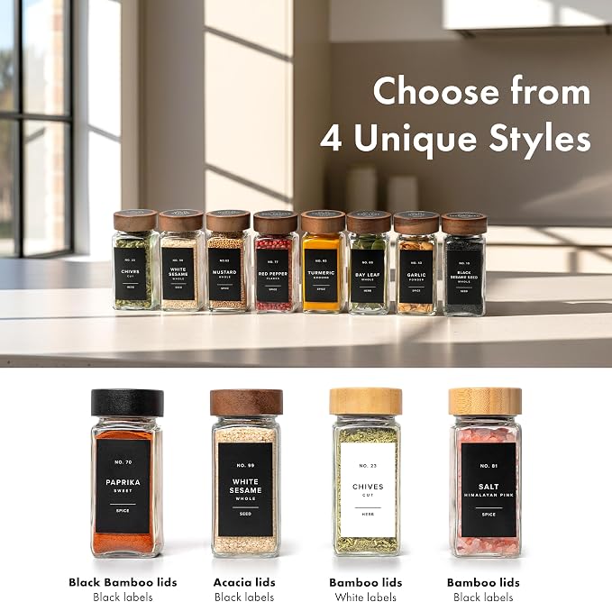 EDELHAUS Glass Spice Jars with Label, 36x Acacia Wooden Lids - Black Labels | Airtight Lids keep spices fresh, Kitchen Spice Drawer Organizer, 4oz Seasoning Containers incl. Funnel, Brush & 240 Labels