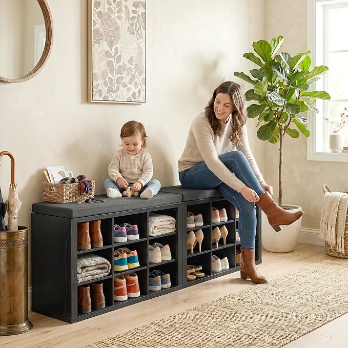 ITEFDTUTNE Shoe Rack Bench, 18 Cubbies Shoe Storage Bench with Cushion, 59" | Entryway Bench with Shoe Storage, Widened Organizer Cabinet for Entryway Hallway Bedroom Living Room, Holds Up to 400lbs