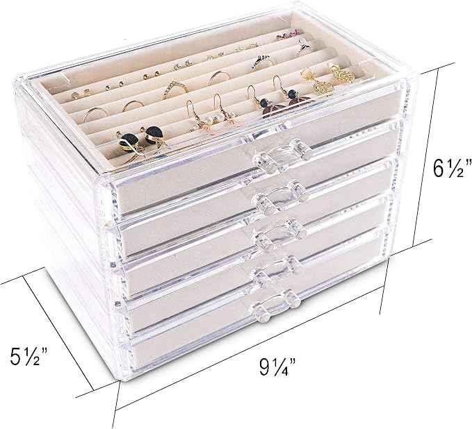 Frebeauty Extra Large Acrylic Jewelry Box for Women Girls 5 Layers Clear Velvet Earring Organizer with 5 Drawers Rings Display Case Necklaces Holder Tray (Beige) | Jewelry Storage for Rings Earrings Bracelets,Dustproof,Velvet Lining,Transparent Appeara...