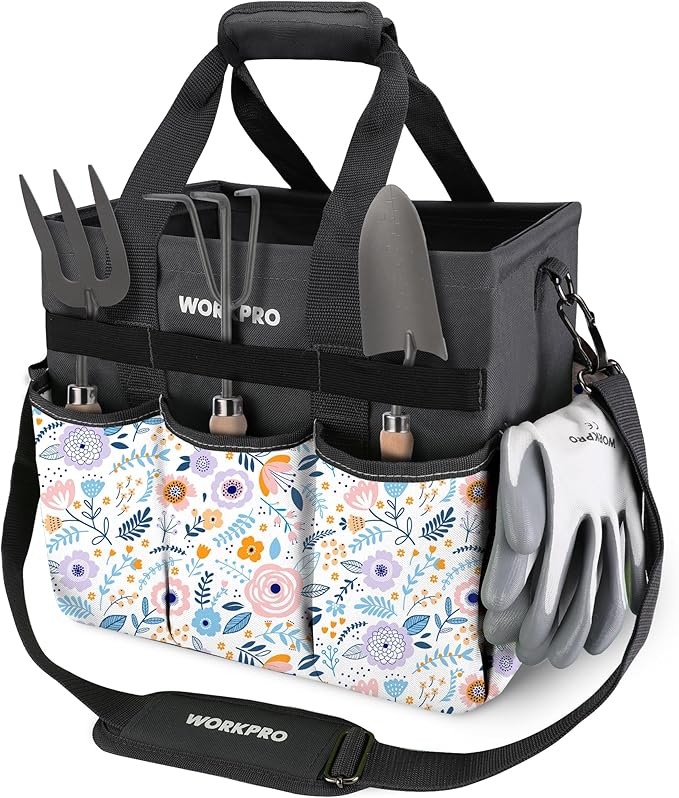 WORKPRO Garden Tool Bag, 10 Pockets and Shoulder Strap, Floral White | Heavy Duty Gardening Organizer Tote Bag Standable Garden Home Tool Kits Organizer (Tools are not Included)