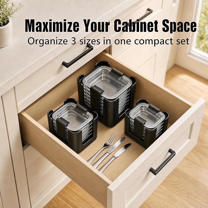 Food Container Lid Organizer for Rubbermaid Brilliance Lids, 3 Pcs Lid Organizers for Cabinet, Holds 24 Snap-On Lids, Stackable Kitchen Cabinet Organizer for 0.5, 1.3, 3.2 & 4.7 Cup Lid, Black