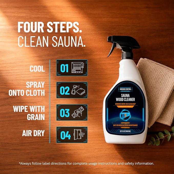 Mission Control 32 oz Sauna Wood Cleaner Spray | Removes Sweat, Body Oils & Buildup From Interior Surfaces Including Cedar - Wood-Safe Formula for Regular Sauna Maintenance