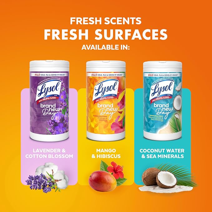 Lysol Disinfecting Wipes, Multi-Surface Cleaner, Mango, 80 ct. | All Purpose Cleaner, Sanitizing, Deodorizing, Apartment Essentials, Back To School Cleaning Supplies, Kitchen & Bathroom Wipe