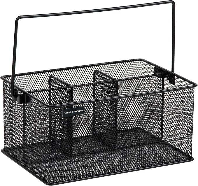 Mind Reader Multi-purpose Storage Caddy with Handle, Desktop Organizer, Cutlery Holder, 4 Compartments, Metal Mesh, Black