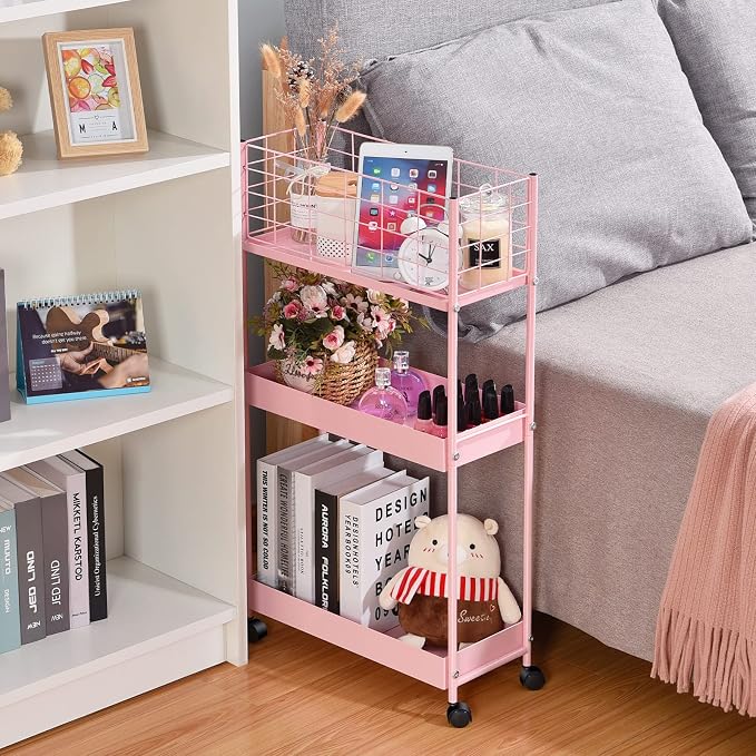 KINGRACK Slim Rolling Storage Cart 3 Tier - Heavy Duty Metal Utility Cart with Raised Edge & Wheels, Narrow Small Mobile Organizer Shelves for Bathroom, Kitchen, Laundry, Office, Living Room, Pink