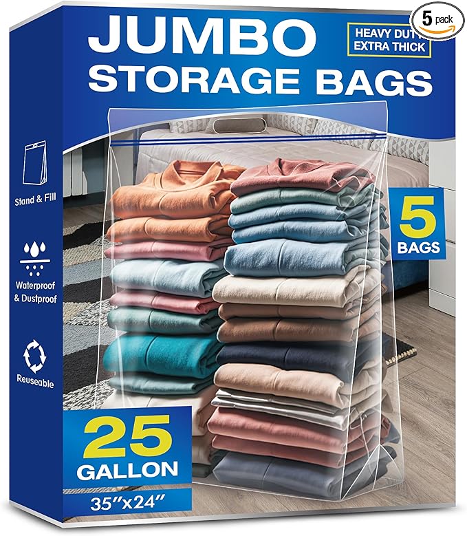 25 Gallon Jumbo Storage Bags, 3.5 Mil Thick Clear Plastic Zipper Bags with Handles, 35" x 24" Extra Large XL Heavy Duty for Home, Travel, and Moving (5 Packs)