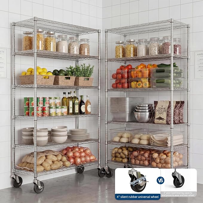 Garvee 6-Tier NSF Metal Wire Shelving with Wheels,47" Wx18 Dx71 H, 2640LBS | Chrome Rolling Shelves, Adjustable, Heavy Duty Shelving Rack, Commercial-grade, for Kitchen Garage Laundry Storage, Silver