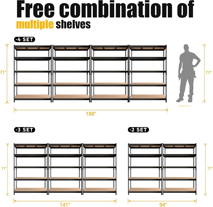 PrimeZone Heavy Duty Storage Shelves - 47"W x 18"D x 71"H 5 Tier Adjustable Garage Storage Shelving, Metal Storage Utility Rack Organizer Shelf Unit for Warehouse Pantry Closet Kitchen Basement, Black