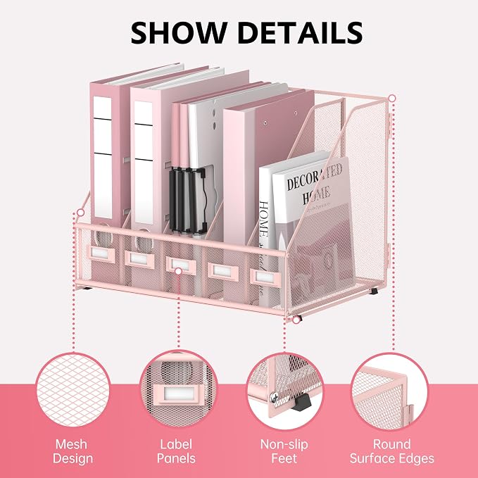 5 Vertical Compartments Magazine File Holder, Metal Binder Organizer, Pink | Space-Saving Desktop Storage, Built-In Label Holders, Anti-Slip Feet, Sized for Binders, Folders, Magazines and Files
