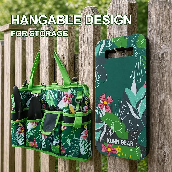 KUNN 5 Gal Garden Bucket Tool Organizer & Kneeling Pad Set, Garden Caddy | 18-Pocket Heavy Duty Garden Caddy, Hangable Handle, Polyester Tool Bag with Grip Handle, Gardening Kneeling Pad for Women