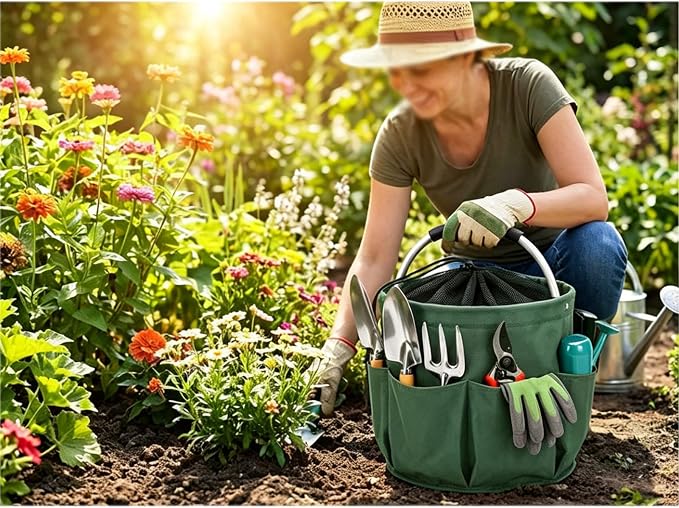 Garden Tool Bucket Organizer, Bucket Tool Organizer,5 Gallon with Aluminum Handle, Multi Side Pockets Portable Storage Caddy for Gardening Camping Car Wash (Blue, Drawstring Closure)