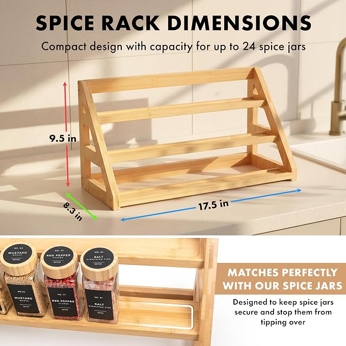 EDELHAUS 3 Tier Bamboo Spice Rack Organizer for Cabinet – Fits 24 Spice Jars, 17.5” Wide Countertop & Cabinet Organizer for Kitchen Organization, Seasoning Organizer Shelf (Jars Not Included)