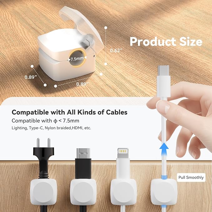 Lancord 8 Pack Cord Organizer Holder, Rotatable Cable Clips, Spring Cord Holder for Nightstand Adhesive Cable Organizer, Cable Management Clips Charging Cord Organizer (White, Square)