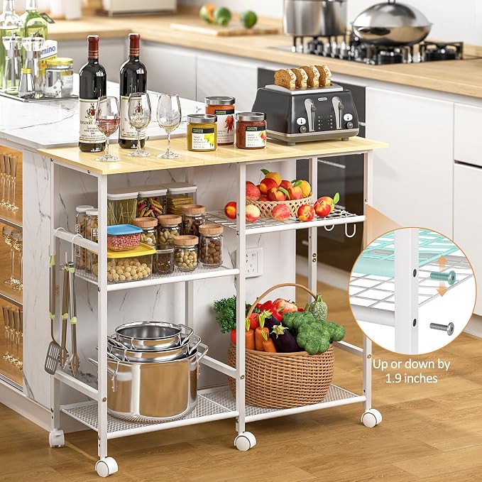 ThreeHio Rolling Kitchen Microwave Cart, 3-Tier Microwave Stand with Adjustable Shelf, Kitchen Storage Island on Lockable Wheels, Coffee Bar Baker's Rack Cart for Living Room, Office, Balcony, White